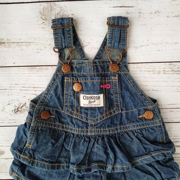 OshKosh Denim Ruffle Overall Dress 3mo Jumper Adjustable Shoulder Tier Vestbak - Picture 2 of 3